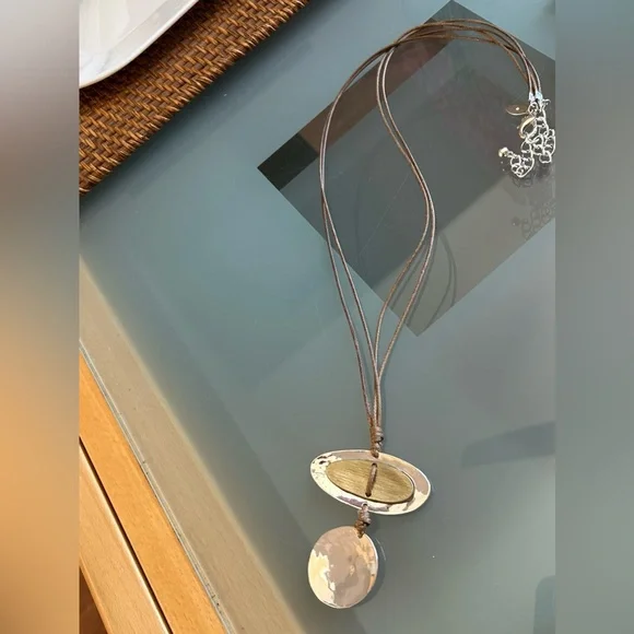 Chico's Silver & Brown Leather vintage pendant necklace - Picture 2 of 3